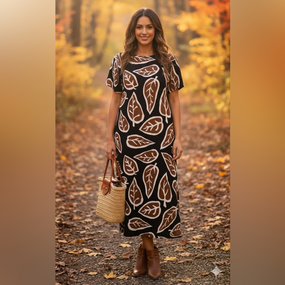 Who What Wear XL linen leaf print midi pocket dress boho Lagenlook vacation